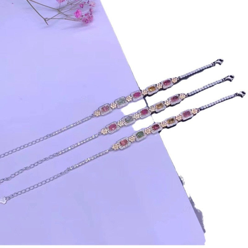 Natural Tourmaline S925 Sterling Daisy Toast Tourmaline Dopamine Good Luck Bracelet