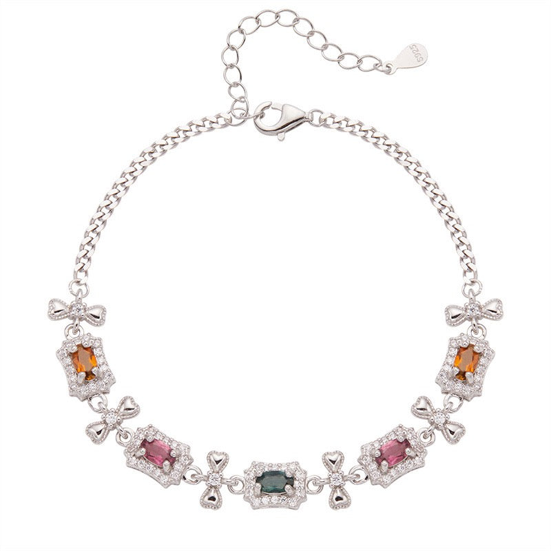 Natural Tourmaline S925 Sterling Trendy Bow - Decorated Bracelet with Colorful Gemstones - Chic Silver Jewelry