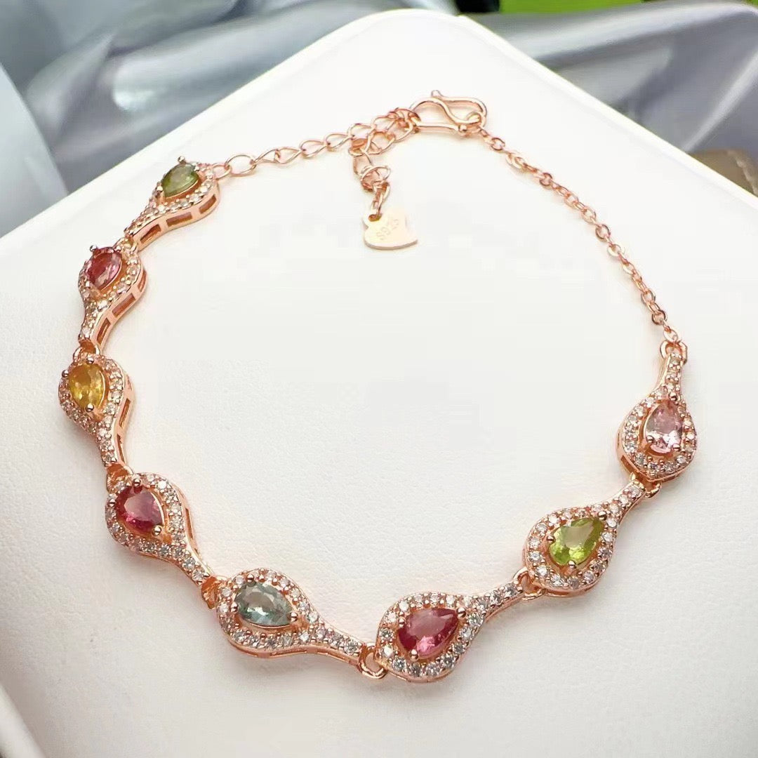 Natural Tourmaline S925 Sterling Trendy Luxury Rose Gold Bracelet with Colorful Teardrop Gemstones