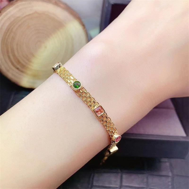 Natural Tourmaline S925 Sterling Chic Gold Mesh Bracelet: Colorful Mini Gem "Candy" Accents