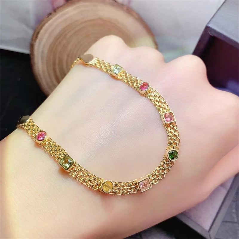 Natural Tourmaline S925 Sterling Chic Gold Mesh Bracelet: Colorful Mini Gem "Candy" Accents