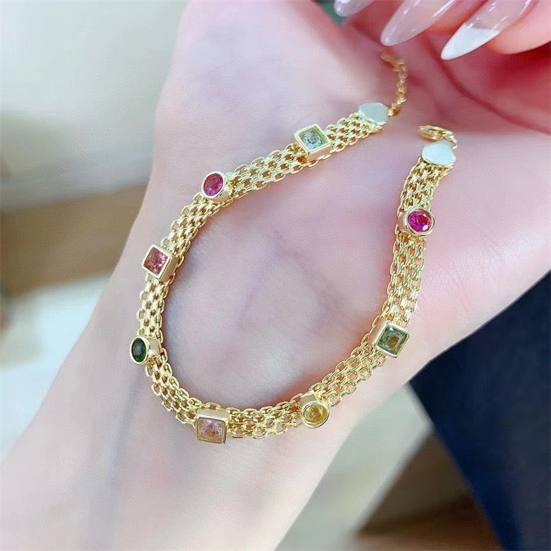 Natural Tourmaline S925 Sterling Chic Gold Mesh Bracelet: Colorful Mini Gem "Candy" Accents