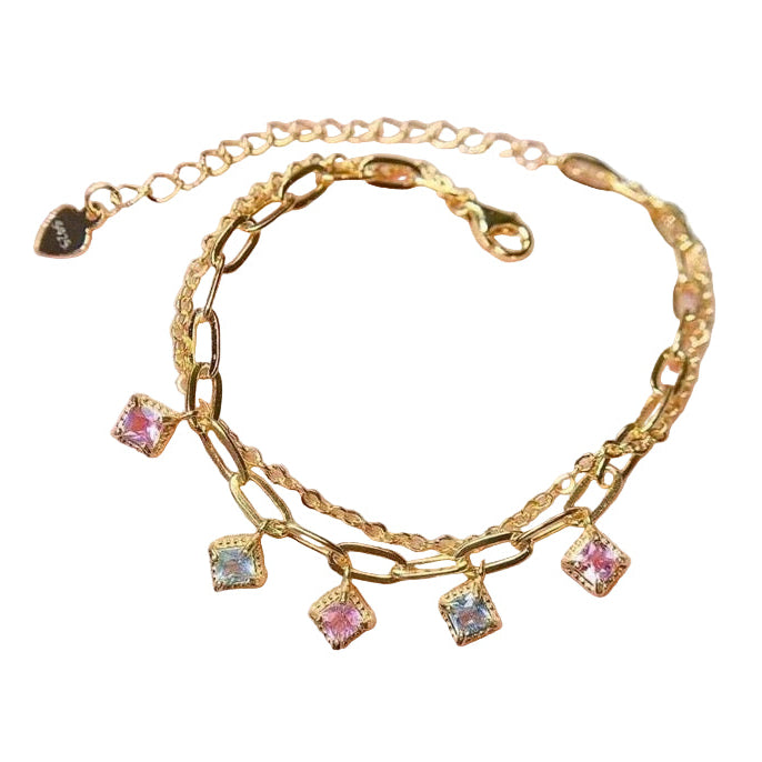 Natural Tourmaline S925 Sterling Trendy Double - Layered Gold Bracelet with Colorful Square Gem Charms