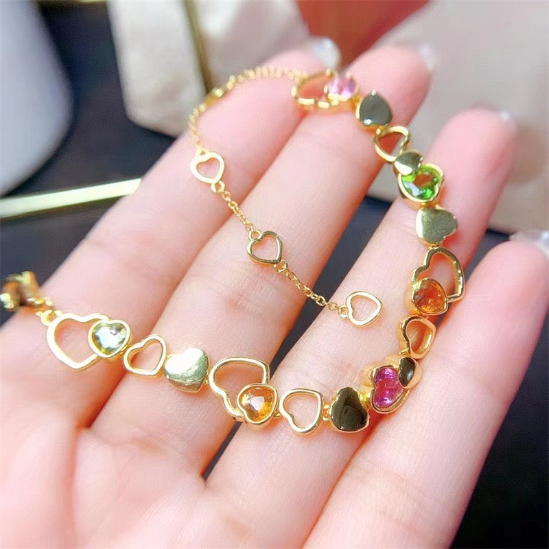Natural Tourmaline S925 Sterling Chic Heart - Design Gold Bracelet: Colorful Gem - Inlaid Hearts