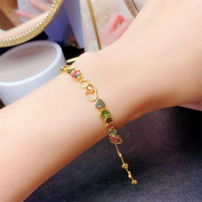 Natural Tourmaline S925 Sterling Chic Heart - Design Gold Bracelet: Colorful Gem - Inlaid Hearts