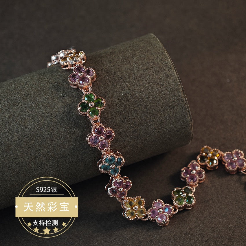 Natural Tourmaline S925 Sterling Chic Four - Leaf Clover Rose Gold Bracelet - Colorful Gem Inlays