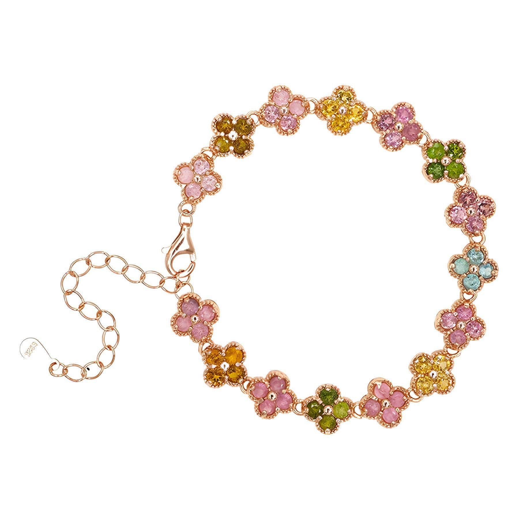 Natural Tourmaline S925 Sterling Chic Four - Leaf Clover Rose Gold Bracelet - Colorful Gem Inlays
