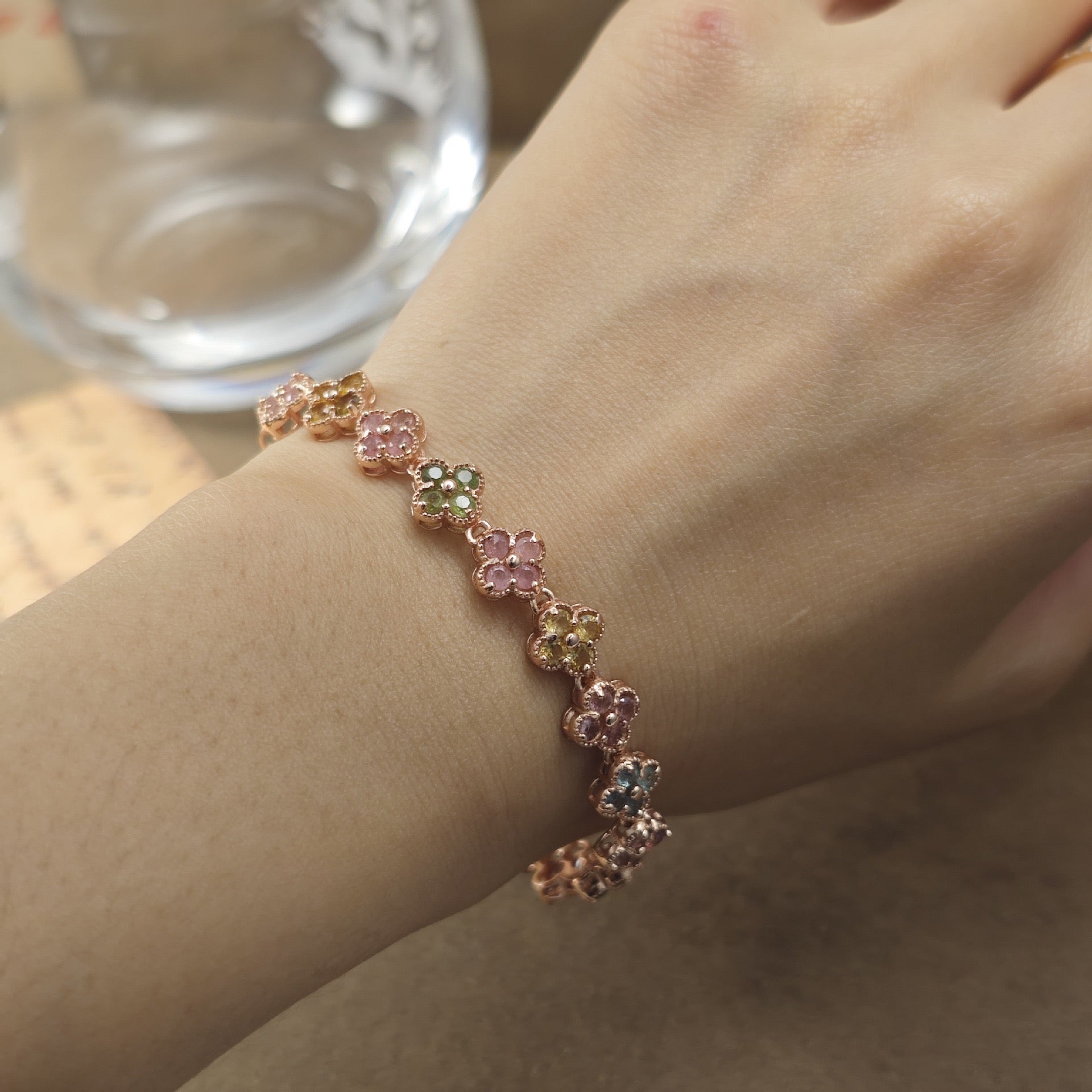Natural Tourmaline S925 Sterling Chic Four - Leaf Clover Rose Gold Bracelet - Colorful Gem Inlays