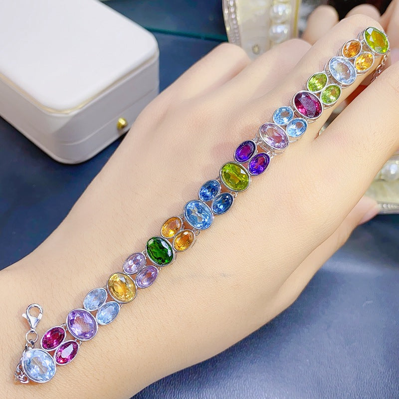 Colorful Gemstone Mixed Bracelet Natural Peridot Garnet Diopside Citrine Amethyst Topaz 925 Silver Bracelet