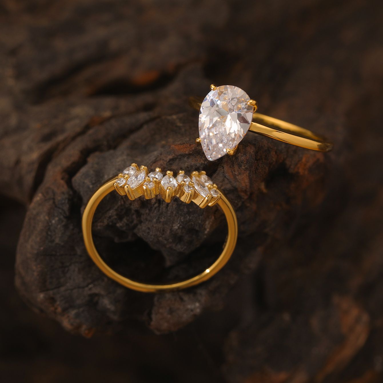 S925 Silver Combination Two-Piece Set Water Drop Shape Moissanite Ring Stripe Stacking Ring Set Ring Amazon Hot