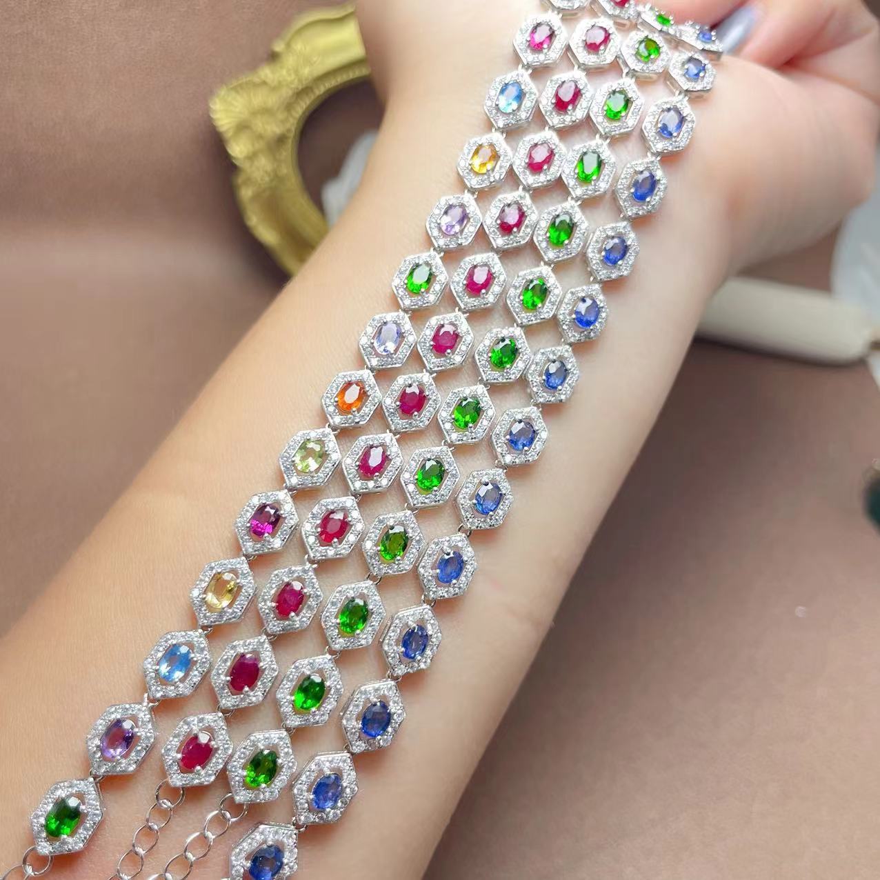 S925 Silver Inlaid Natural Crystal Topaz Garnet Women's Oval 3*4mm Bracelet