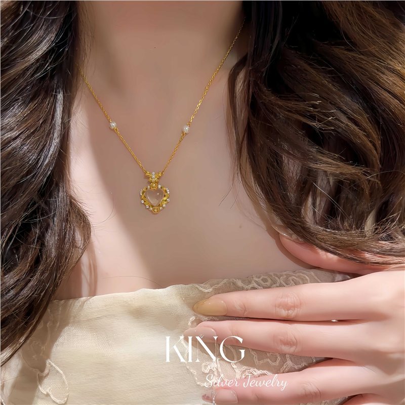 Pink Water Beauty| S925 Silver Gold-Plated Heart Pink Crystal Light Luxury Retro Niche Fashion Elegant Pure Silver Necklace