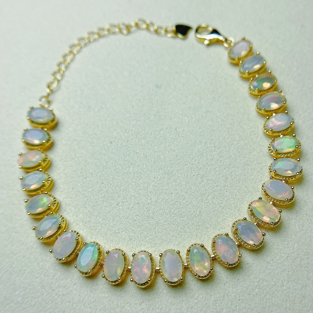 S925 Silver Inlaid Main Stone 4*6 Natural White Opal Bracelet