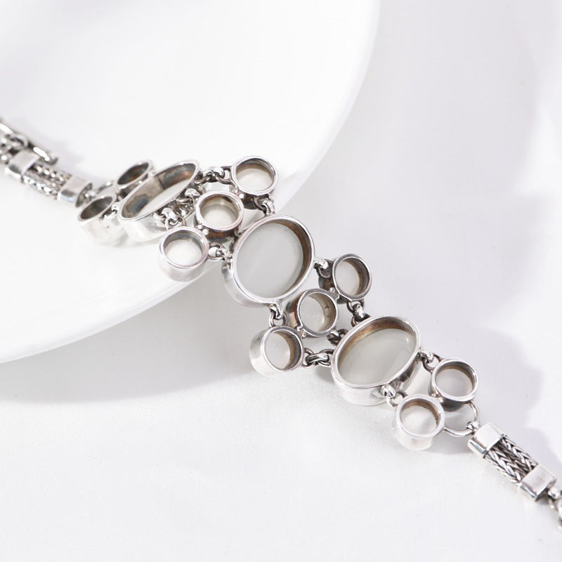 S925 Silver Jewelry Bracelet Vintage Distressed Inlaid with Egg White Agate Moonstone Fashion Women's Bracelet