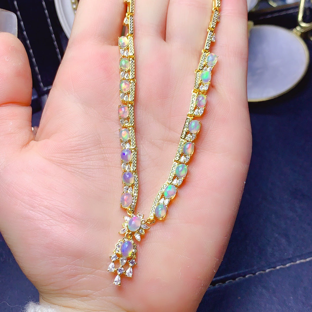 S925 Sterling Silver Inlaid Natural 4*5mm Opal Luxury Necklace