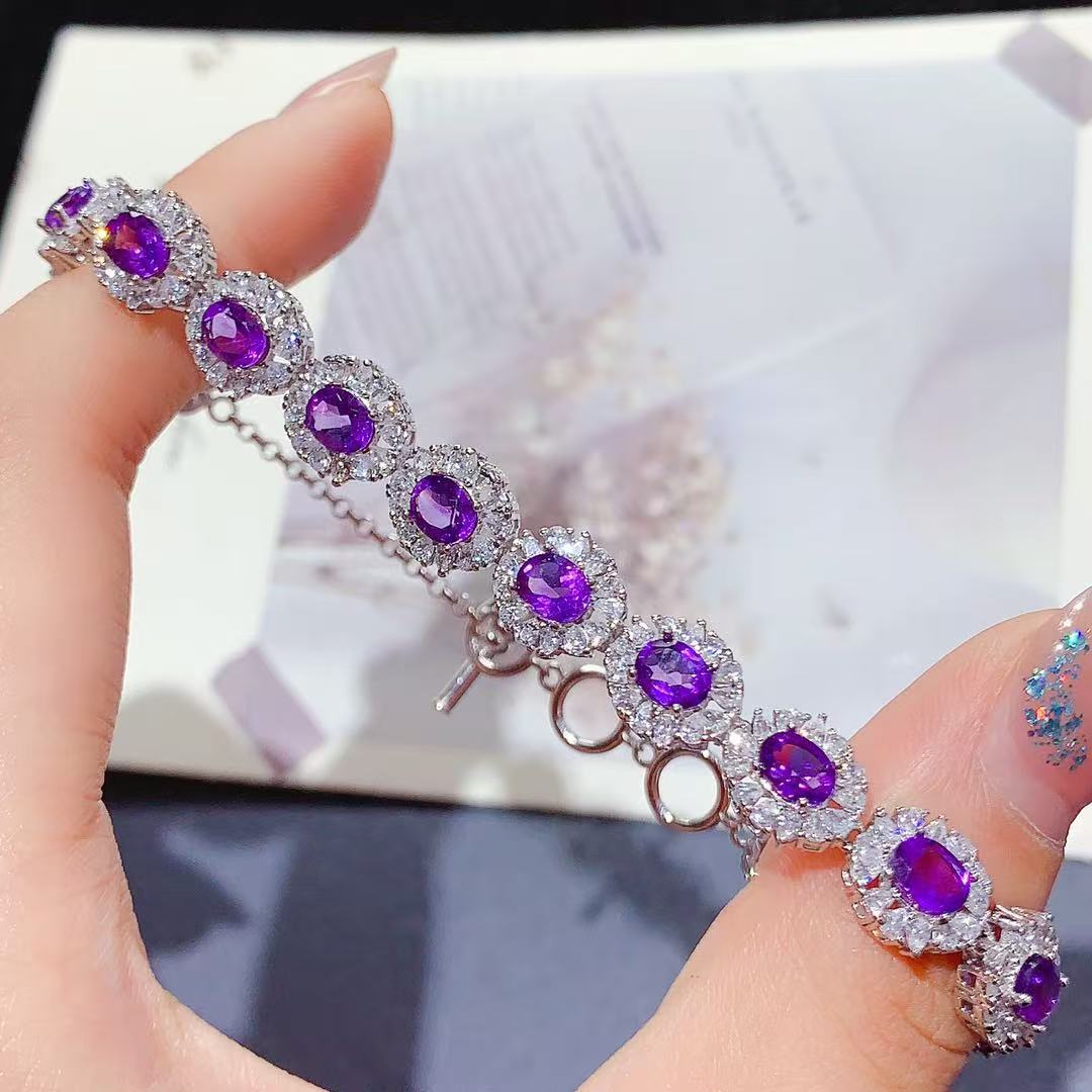 Light Luxury Heavy Craft High-End Versatile Crystal S925 Silver Inlaid Natural Amethyst Bracelet