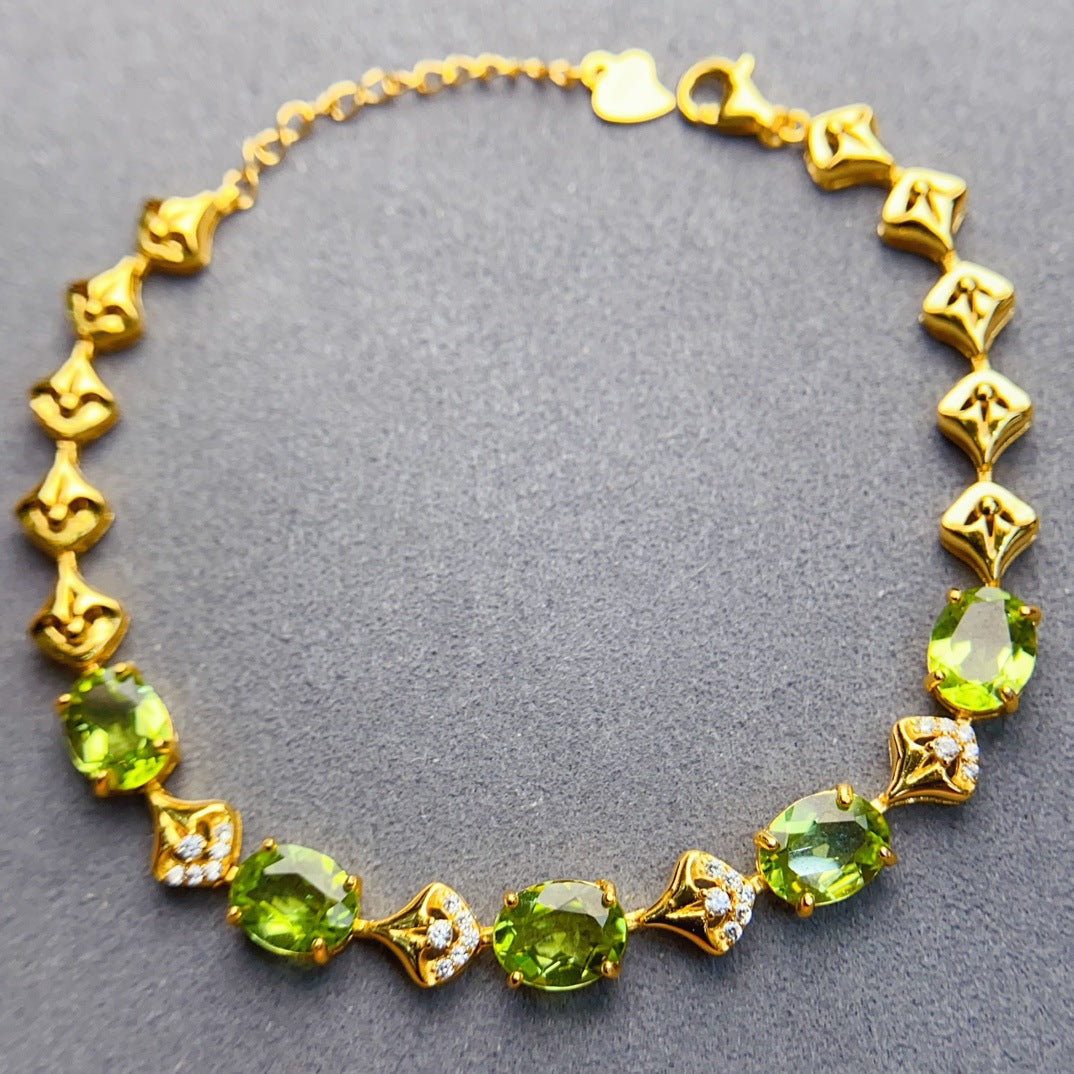 S925 Silver Inlaid Main Stone 6*8mm Natural Peridot Bracelet
