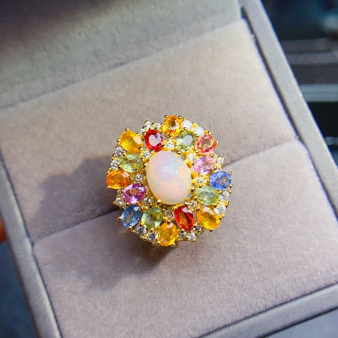 S925 Silver Inlaid Main Stone 7*9 Natural White Opal Ring