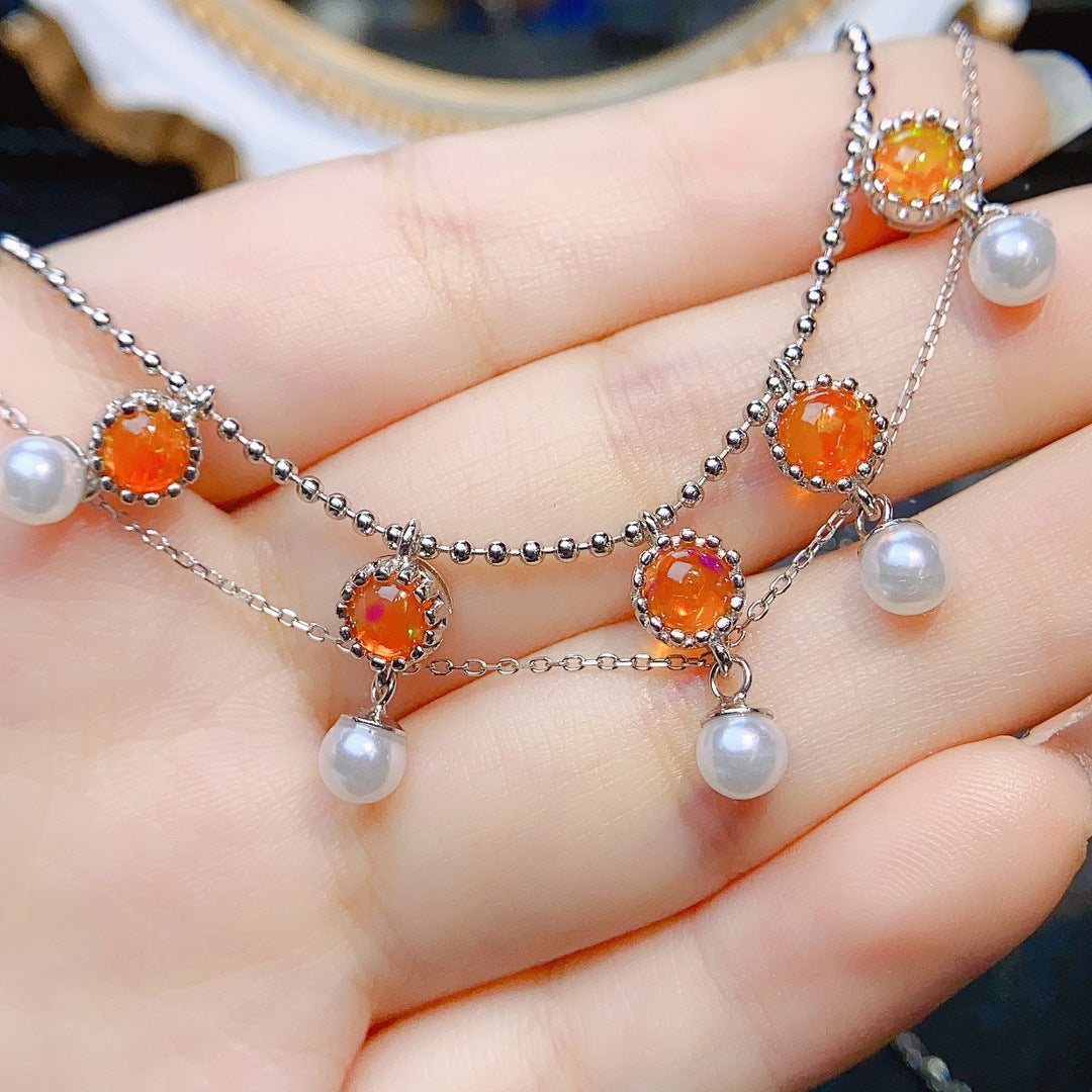 S925 Silver Inlaid Main Stone Natural Fire Opal 5*5 Necklace