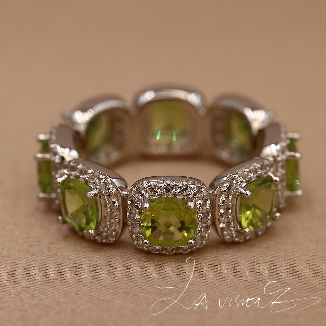925 Silver Inlaid Natural Peridot Synthetic White Sapphire Ring