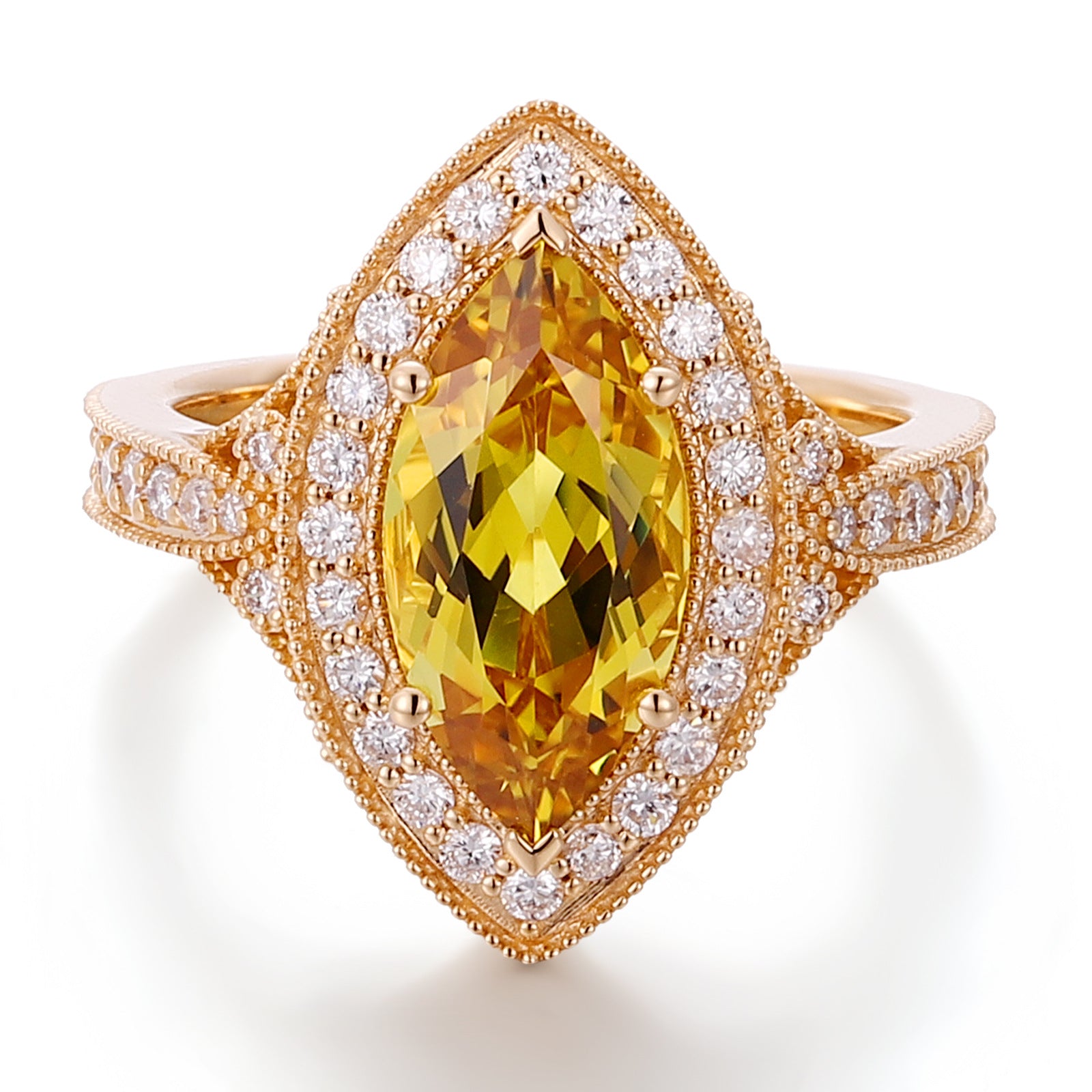 14K Gold 4ct Marquise Cultured Yellow Crystal Ring Light Luxury Vintage Gold Edge Inlaid Ring