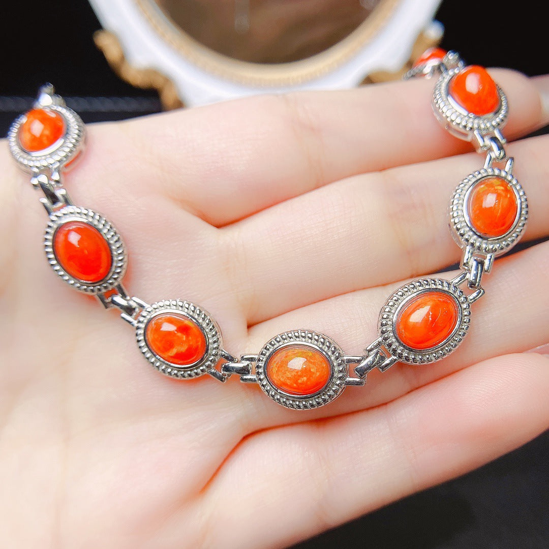 S925 Silver Inlaid Main Stone 6*8 Natural Fire Opal Bracelet