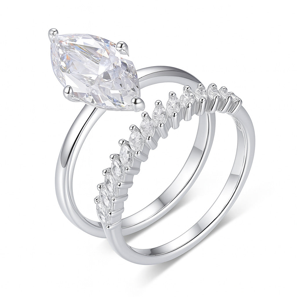 S925 Silver Combination Two-Piece Set Moissanite Ring Marquise Main Stone Stackable Independent Hot-Selling Set Ring