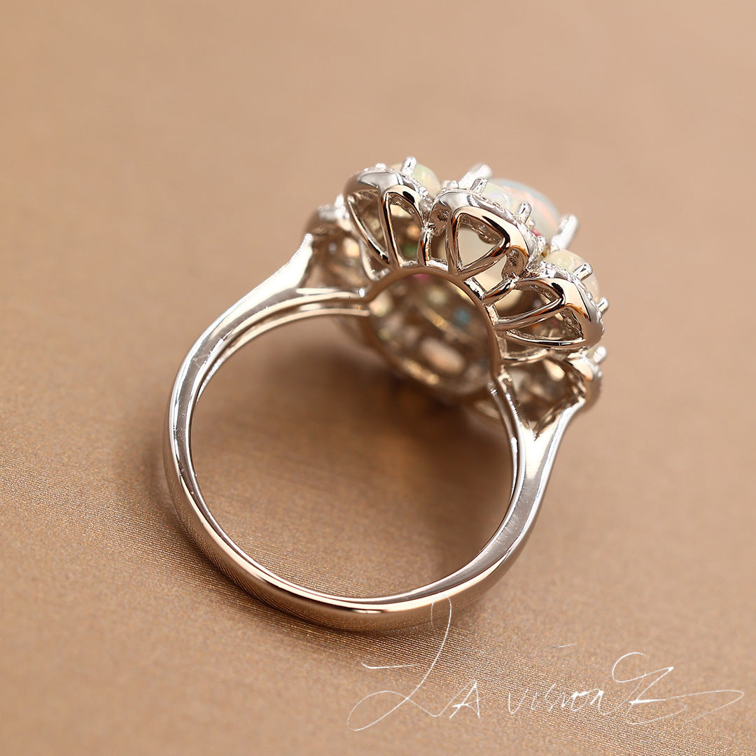 S925 Inlaid Natural Opal Natural Tourmaline Synthetic White Sapphire Ring