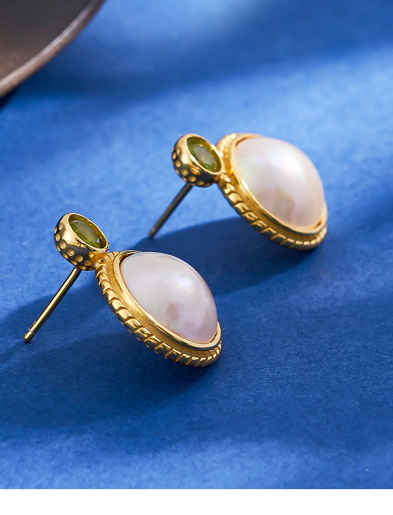 S925 Silver Gold-Plated Round Cabochon Mabe Pearl Stud Earrings French Vintage Peridot Earrings