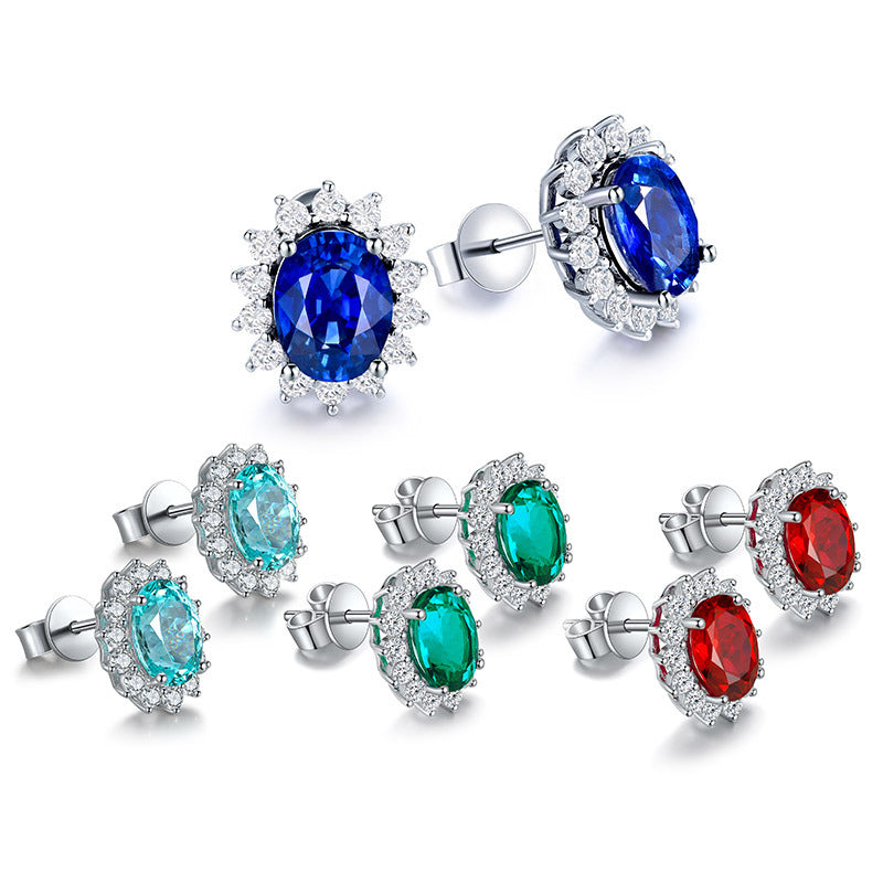 S925 Silver Plated 18K Gold Inlaid Cultivated Ruby Stud Earrings Sapphire Emerald Earrings