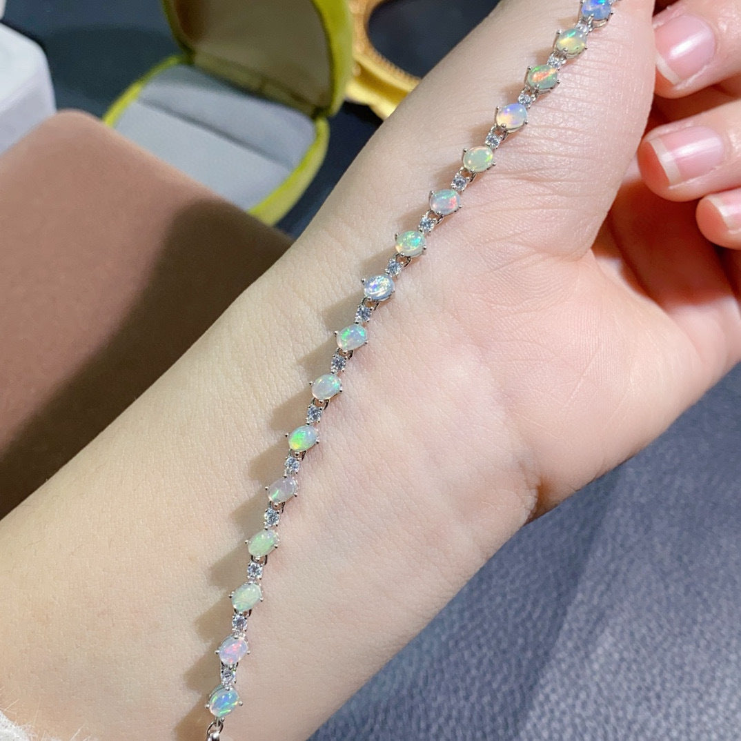 S925 Sterling Silver Natural Opal Bracelet for Women, Australian Opal 4x4mm, Vintage Classic Luxury Elegant Dinner Party Jewelry