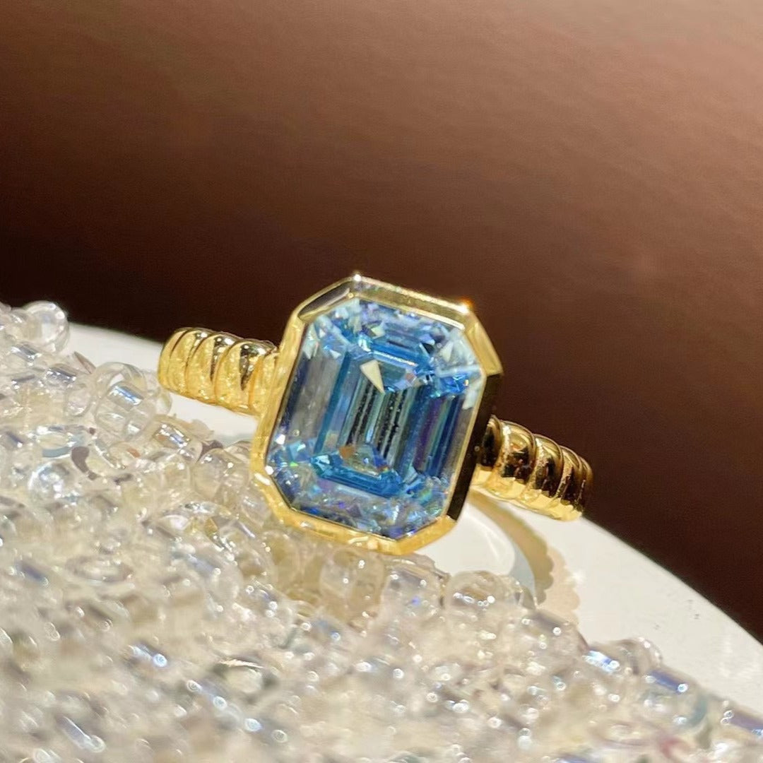 925 Silver Gold Plated High Carbon Diamond Asscher Aquamarine T Square Ring