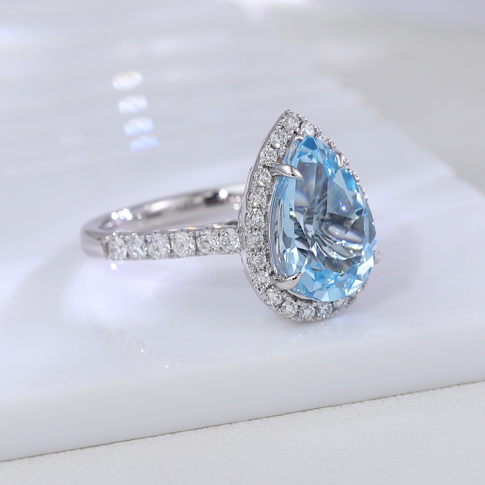 Aquamarine Ring 14K White Gold 3 Carat Drop Shape Cultured Gemstone Ring
