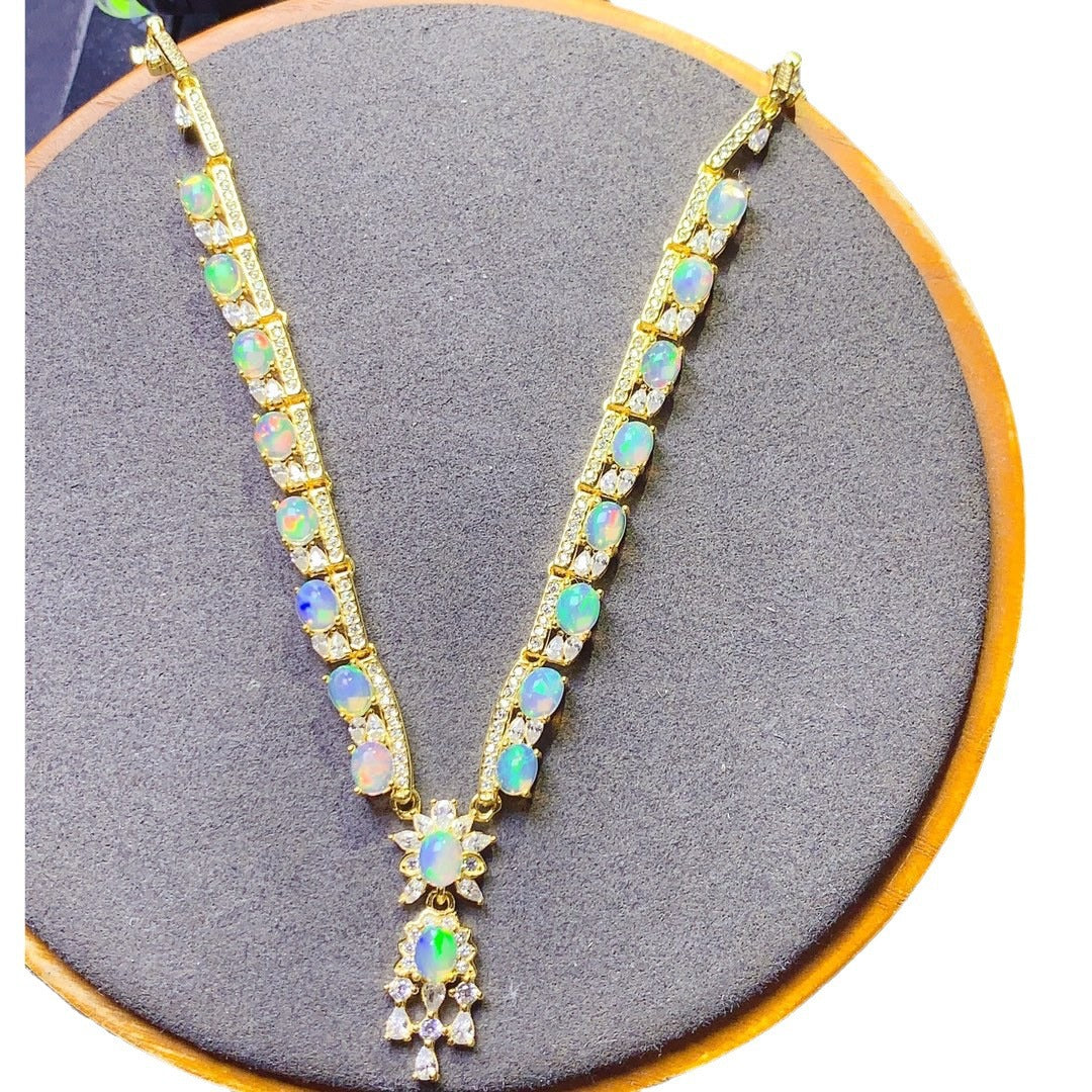 S925 Sterling Silver Inlaid Natural 4*5mm Opal Luxury Necklace