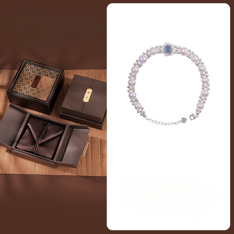 999 Sterling Silver Light Luxury Sea Blue Freshwater Pearl Bracelet