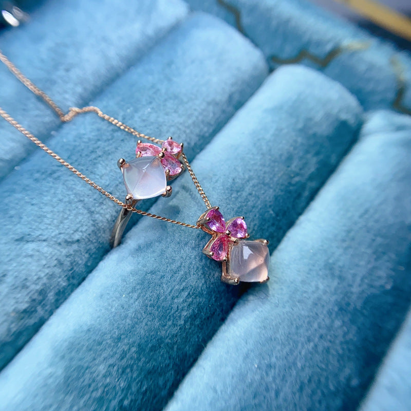 Hibiscus Stone Ring Pendant Set High-Quality Rose Quartz Gemstone Set