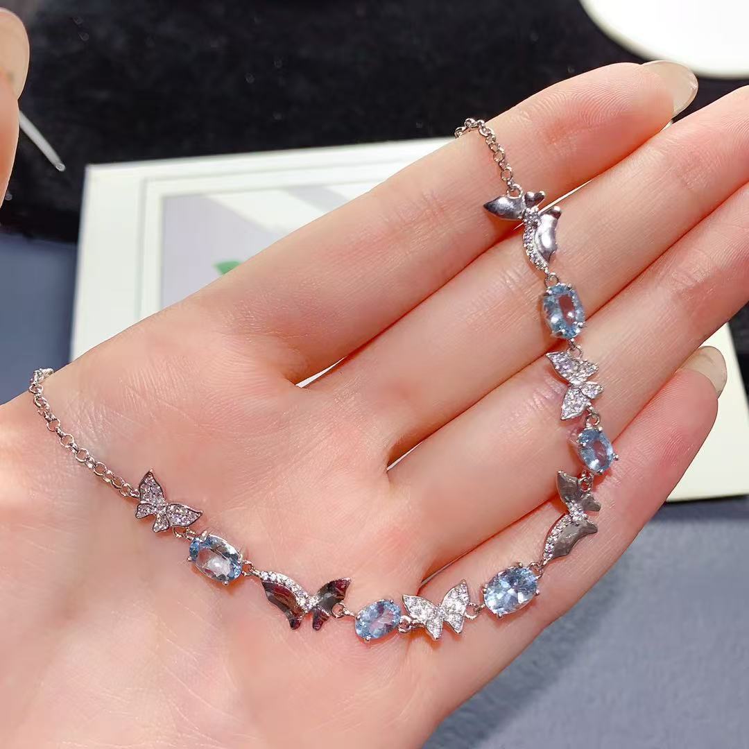 Natural Aquamarine Necklace 925 Sterling Silver Butterfly Exquisite Light Luxury Niche Design High-end Colorful Gemstone Collarbone Chain