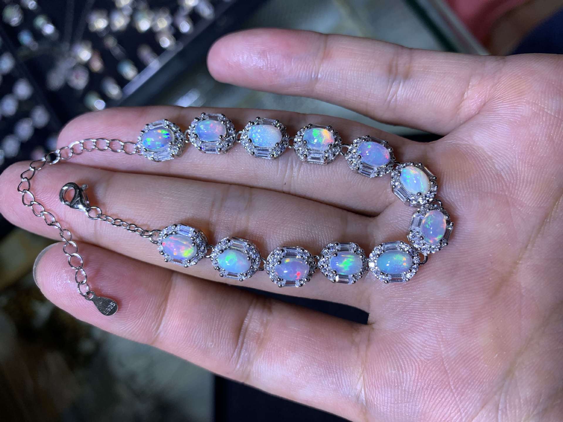 S925 Sterling Silver Inlaid Size 4*6mm Natural Opal Bracelet