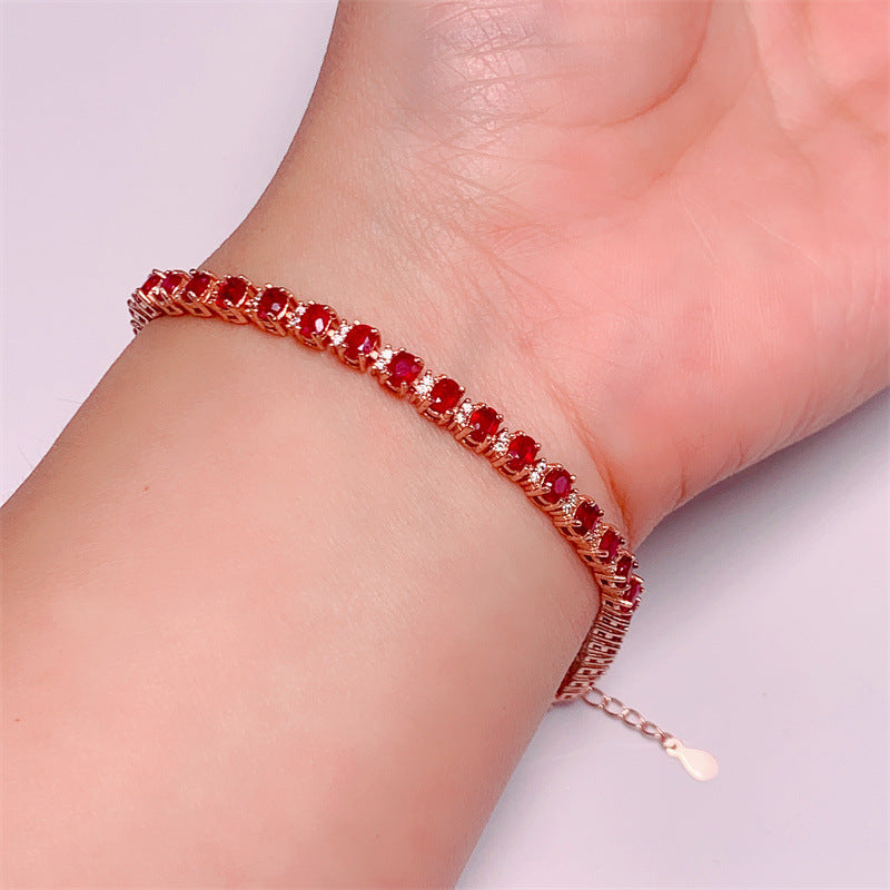 S925 Silver Plated Rose Gold Inlaid 3*4mm Natural Pigeon Blood Ruby Bracelet