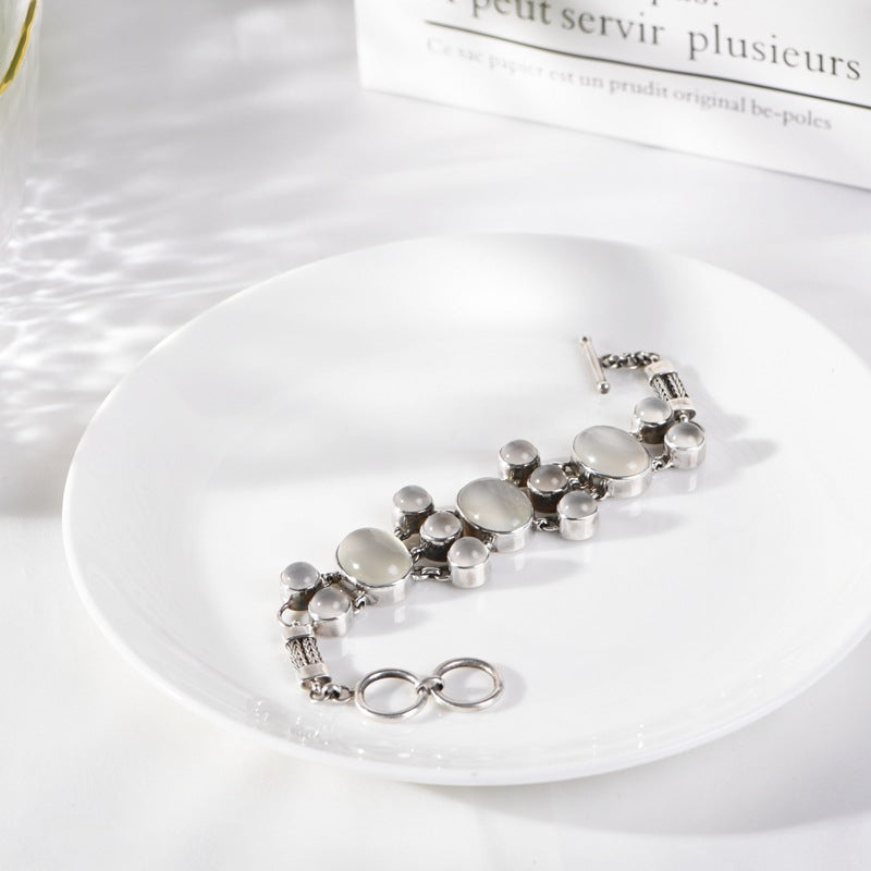 S925 Silver Jewelry Bracelet Vintage Distressed Inlaid with Egg White Agate Moonstone Fashion Women's Bracelet