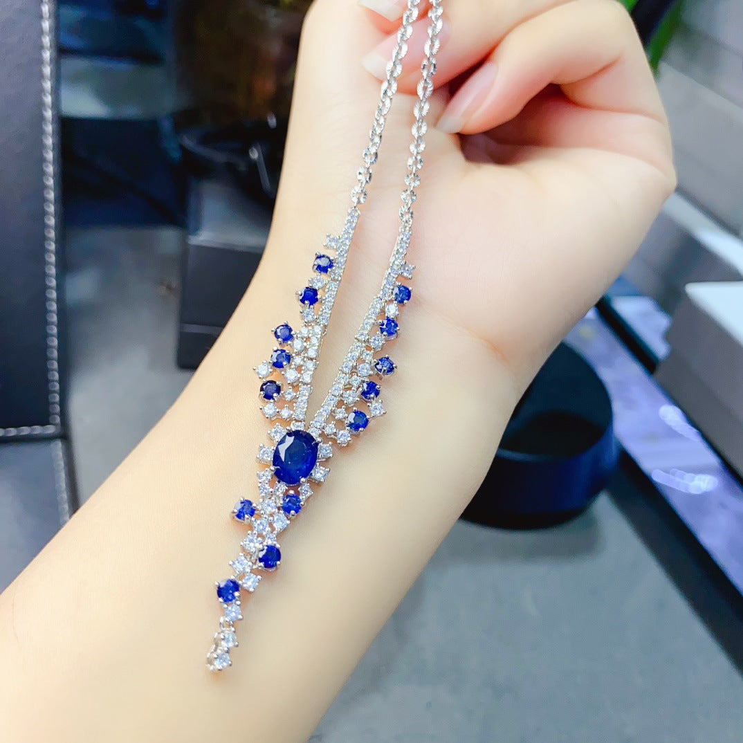 S925 Silver Inlaid Main Stone 4*6 Natural Sapphire Necklace