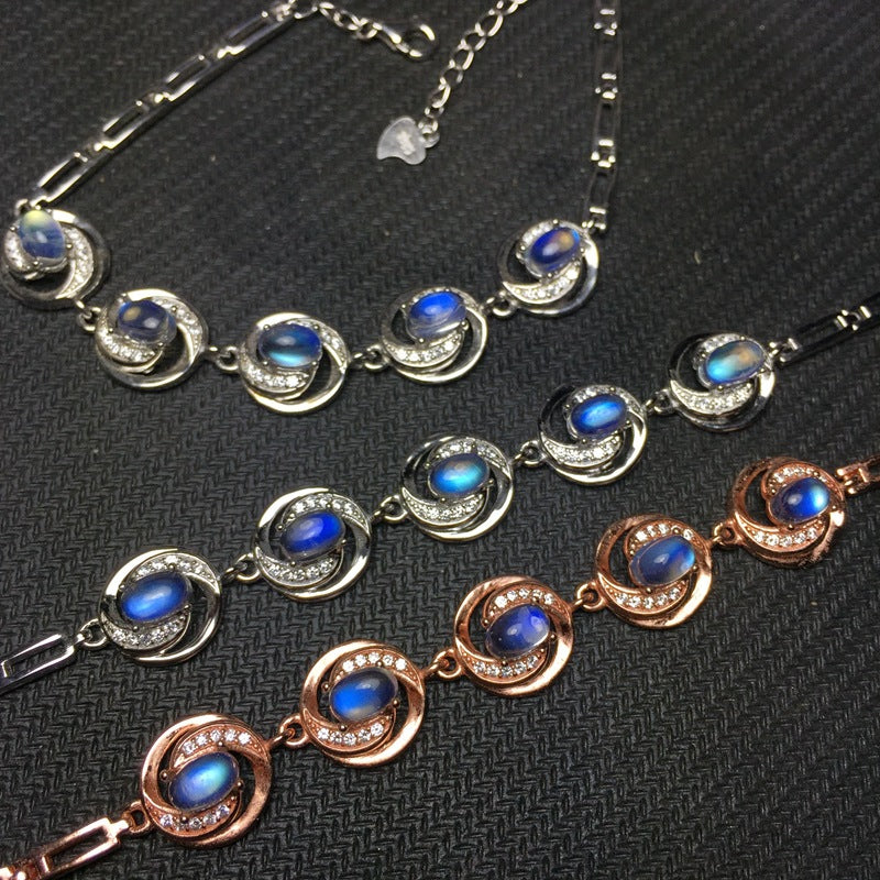 Natural Blue Moonstone Bracelet 925 Sterling Silver Inlaid Craft Glass Blue Moonstone