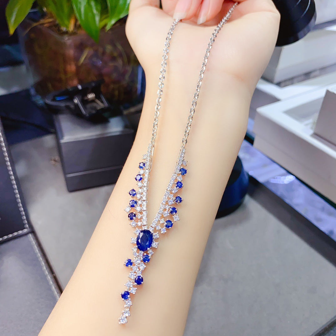 S925 Silver Inlaid Main Stone 4*6 Natural Sapphire Necklace