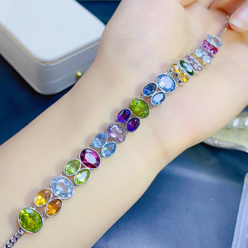 Colorful Gemstone Mixed Bracelet Natural Peridot Garnet Diopside Citrine Amethyst Topaz 925 Silver Bracelet