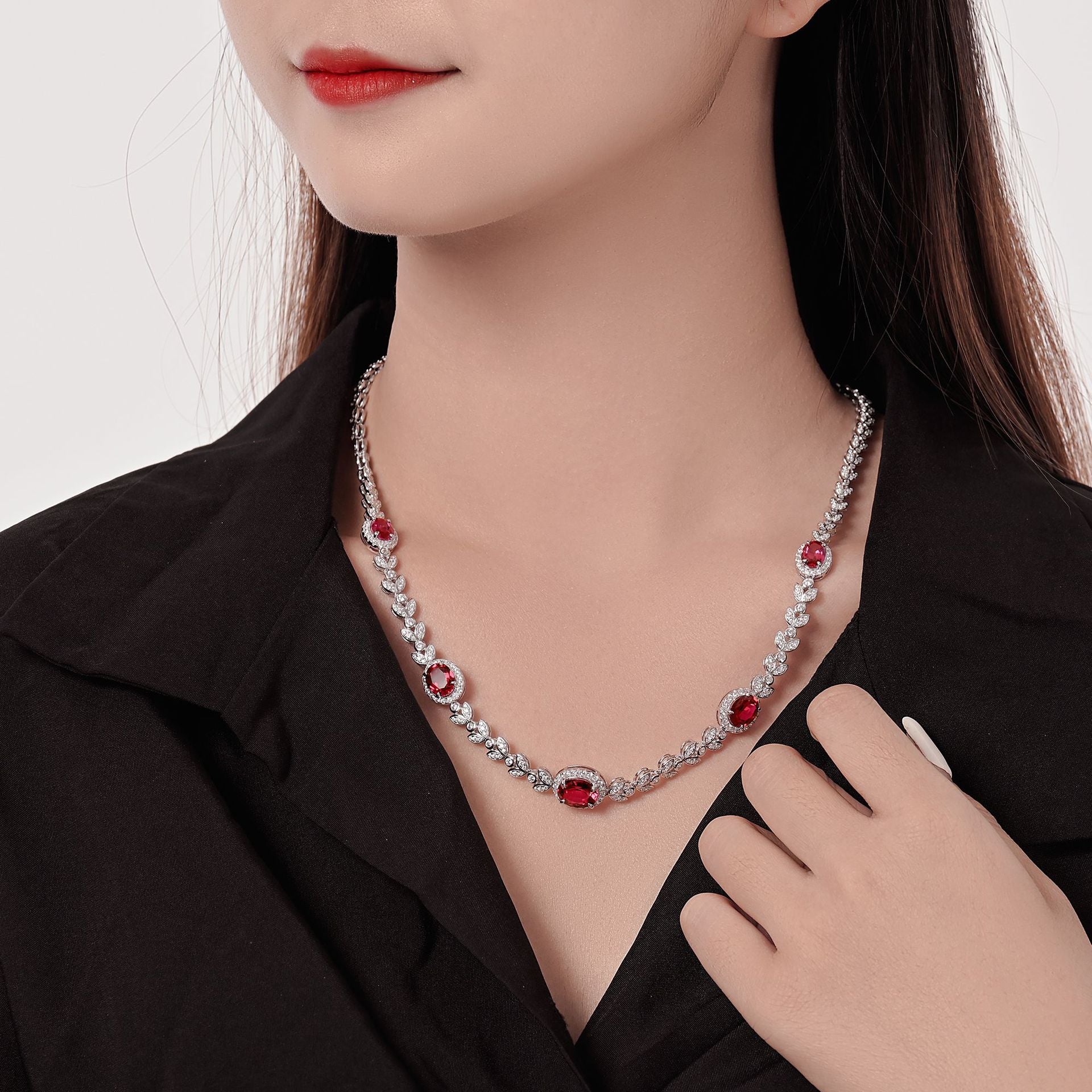 S925 Sterling Silver Luxury Vintage Cultivated Red Sapphire Wheat Ear Fashion Jewelry Necklace