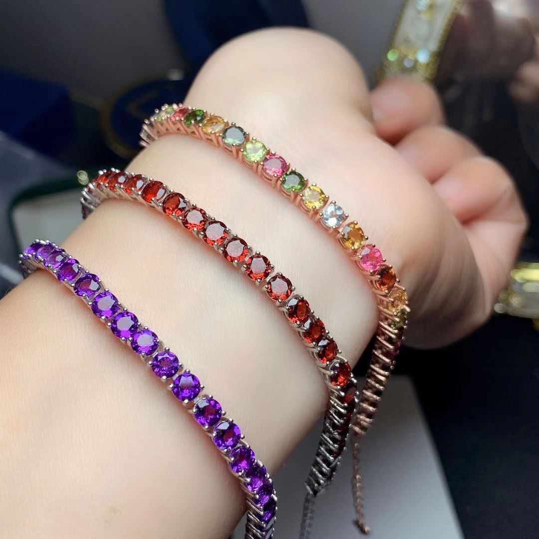 Colorful Gemstone Bracelet Natural Garnet Amethyst Tourmaline 925 Silver Single Circle Bracelet