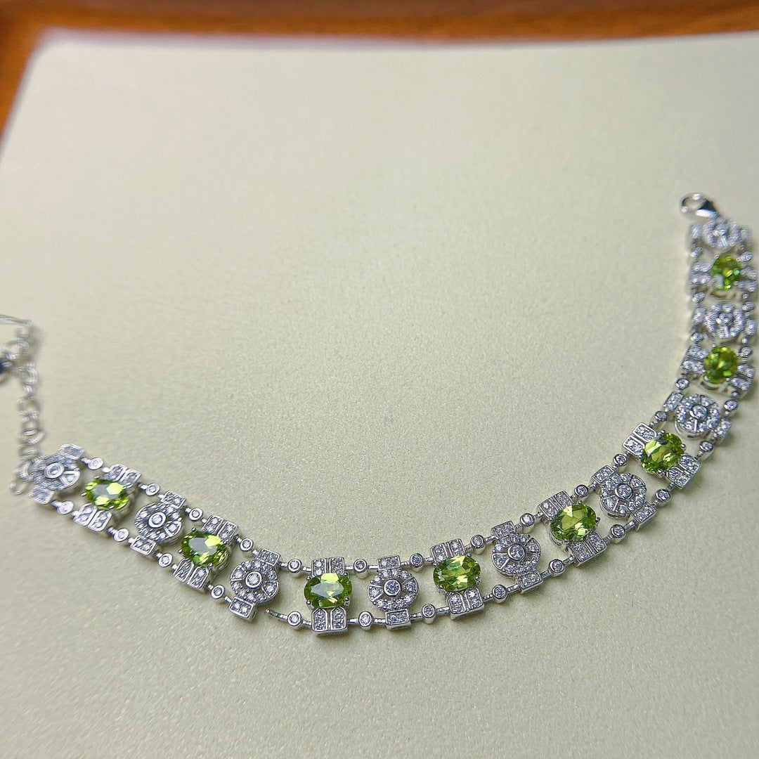 S925 Silver Inlaid Main Stone 4*6 Natural Peridot Bracelet