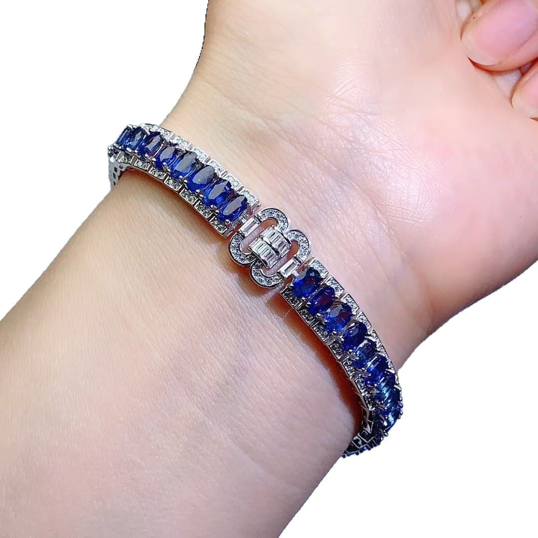 Sri Lanka Sapphire Inlaid S925 Light Luxury Heavy Craft Full Diamond High-end Exquisite Pure Silver Bracelet