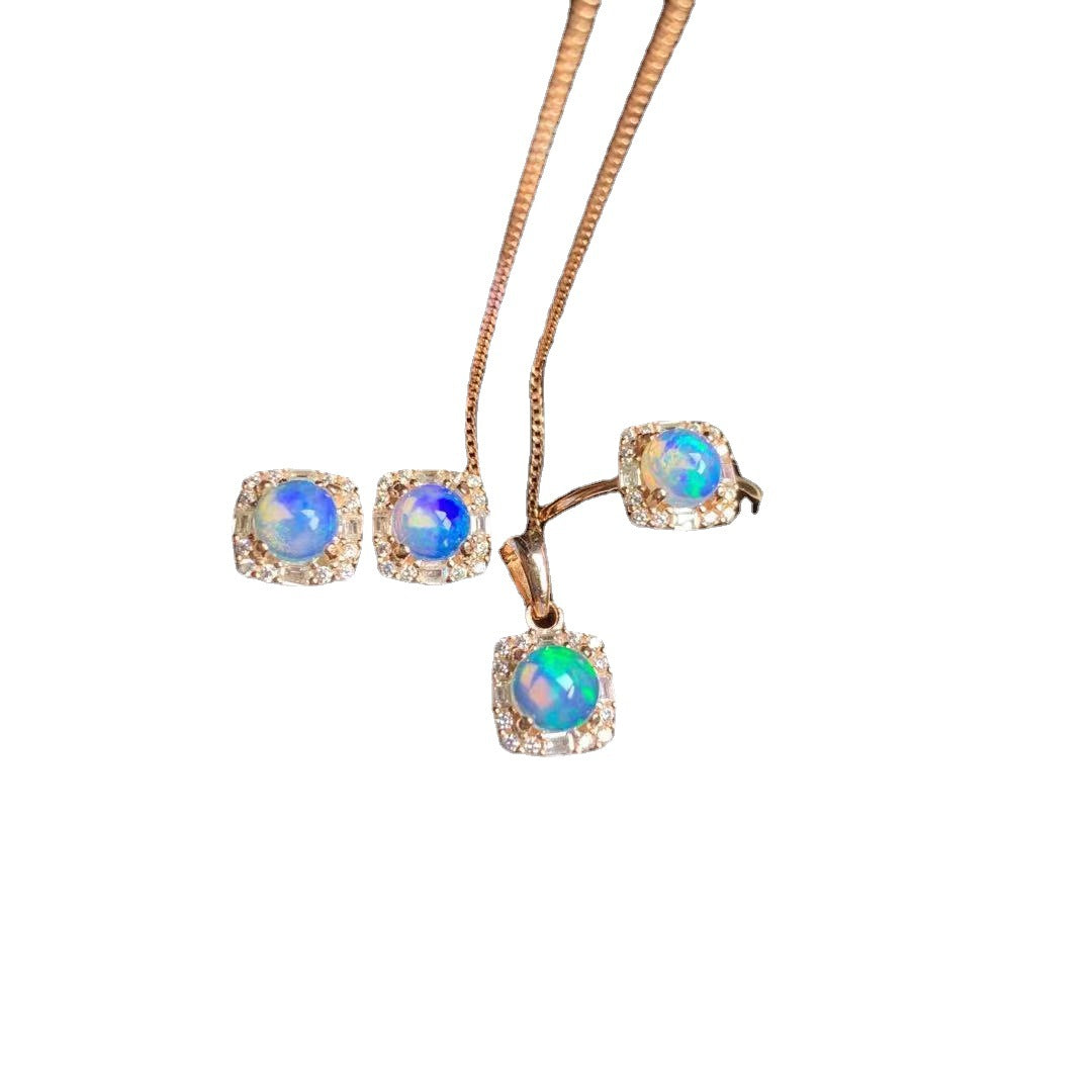 Natural Opal Set 925 Silver Inlaid Pendant Ring Jewelry for Women Gift for Girlfriend Live Supply