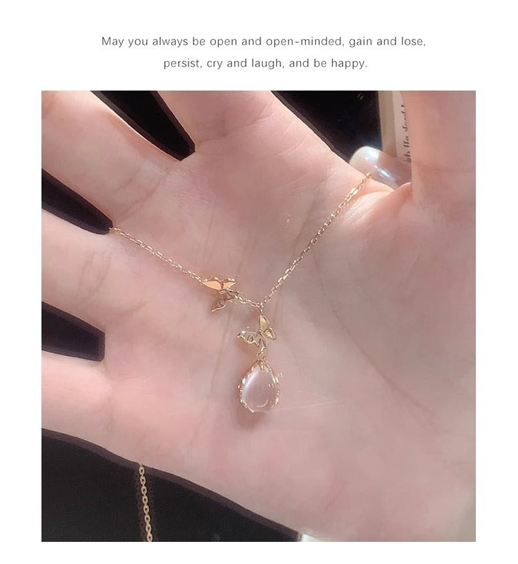 Light Luxury Daytime Collection Pink Crystal Pendant Sterling Silver Butterfly Necklace for Women Attracting Love Clavicle Chain